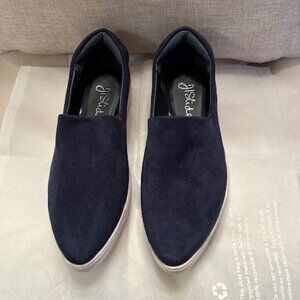 JI Slides ; Deep Blue Soft Suede; Loafers ; White Rubber Soles ; Size 6